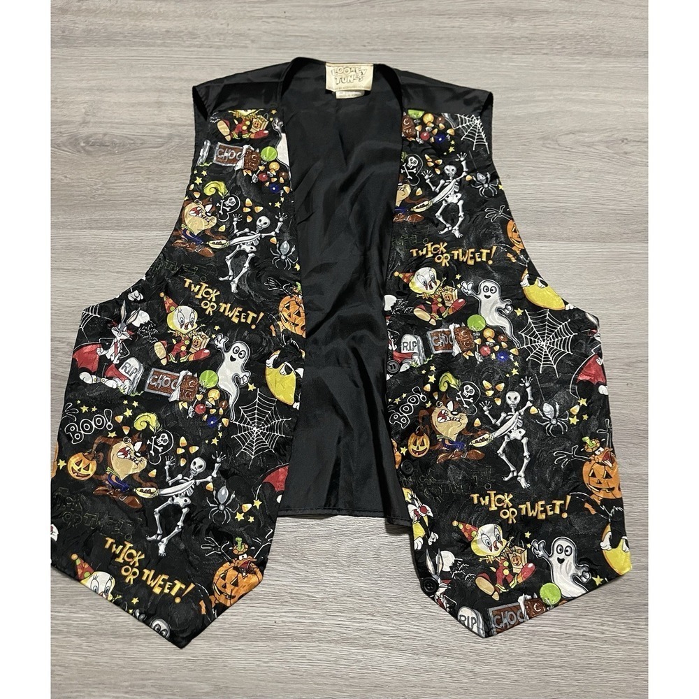 VTG 1994 Looney Tunes Tapestry Art Button Black Vest One Size Fits Most